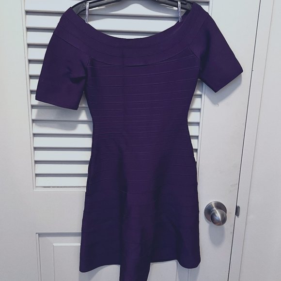Herve Leger Liza Bandage Plum Berry Boat Neck Flared Dress Authentic - Picture 2 of 16